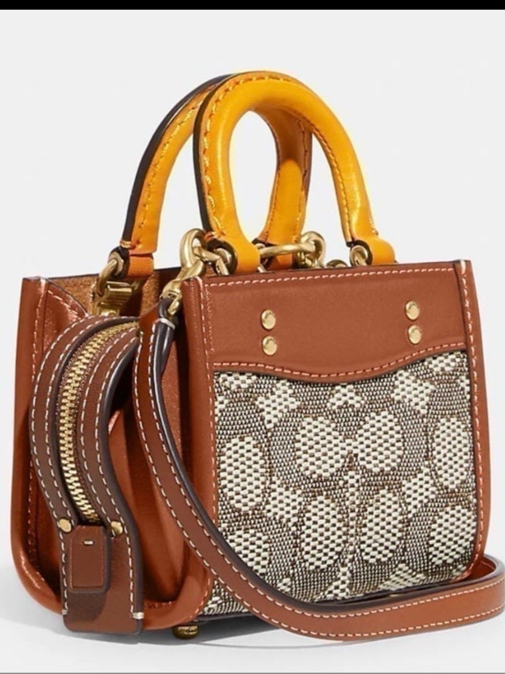 Coach Brown Jacquard Mini Tote with Yellow Handle - Picture 6 of 8